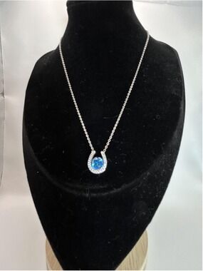 Necklace Silver Tone Horseshoe Pendant Blue Stone Luck Chain 18 Inch Womens